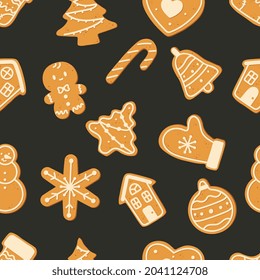  Seamless pattern with Christmas gingerbread cookies. Winter holiday food. Perfect for wrapping paper, greeting cards, textile. Gingerbread man, house, christmas tree, snowman, snowflake.