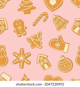 Seamless pattern with Christmas gingerbread cookies. Winter holiday food. Perfect for wrapping paper, greeting cards, textile. Gingerbread man, house, christmas tree, snowman, snowflake.