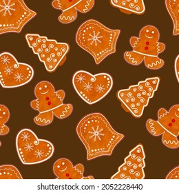 Patrón sin inconvenientes galletas de jengibre de Navidad sobre fondo oscuro. Ilustración vectorial.