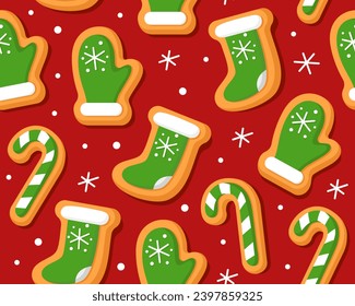 Seamless pattern with Christmas gingerbread cookies on a red background. Homemade Christmas cookies. Green mittens and socks. Pattern for New Year's wrapping paper, cards, decor, fabric. 