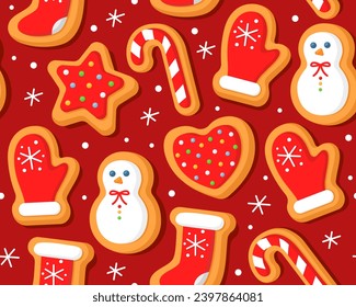 Seamless pattern with Christmas gingerbread cookies on a red background. Homemade Christmas cookies with sugar glazed. Pattern for New Year's wrapping paper, cards, decor, fabric. 