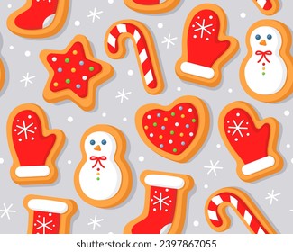 Seamless pattern with Christmas gingerbread cookies on a gray background. Homemade Christmas cookies with sugar glazed. Pattern for New Year's wrapping paper, cards, decor, fabric. 