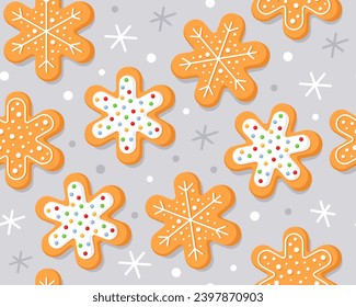 Seamless pattern with Christmas gingerbread cookies on a light gray background. Homemade Christmas cookies with sugar glazed. Pattern for New Year's wrapping paper, cards, decor, fabric. Snowflakes.