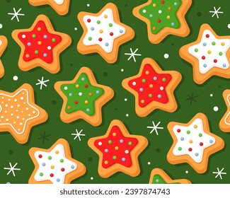 Seamless pattern with Christmas gingerbread cookies on a green background. Homemade Christmas cookies with sugar glazed. Pattern for New Year's wrapping paper, cards, decor, fabric. Stars.