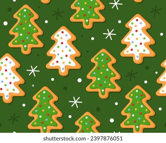 Seamless pattern with Christmas gingerbread cookies on a green background. Homemade Christmas cookies with sugar glazed. Pattern for New Year's wrapping paper, fabric. Christmas trees. 