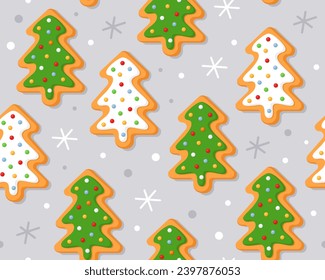 Seamless pattern with Christmas gingerbread cookies on a light gray background. Homemade Christmas cookies with sugar glazed. Pattern for New Year's wrapping paper, fabric. Christmas trees. 