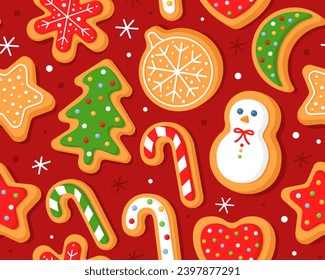 Seamless pattern with Christmas gingerbread cookies on a red background. Christmas tree, snowman, ball, candy, heart, snowflakes. Homemade Christmas cookies. Wrapping paper, decor, fabric. 