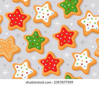 Seamless pattern with Christmas gingerbread cookies on a light gray background. Homemade Christmas cookies with sugar glazed. Pattern for New Year's wrapping paper, cards, decor, fabric. Stars.