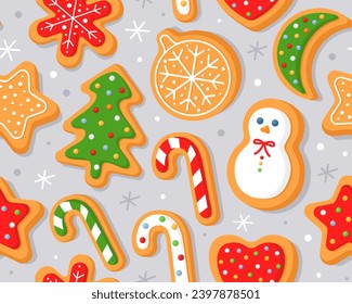Seamless pattern with Christmas gingerbread cookies on a light gray background. Christmas tree, snowman, ball, candy, heart, snowflakes. Homemade Christmas cookies. Wrapping paper, decor, fabric. 