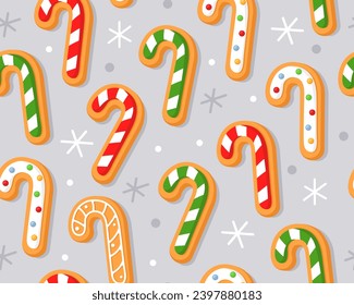 Seamless pattern with Christmas gingerbread cookies on a light gray background. Homemade Christmas cookies with sugar glazed. Pattern for New Year's wrapping paper, fabric. Striped Christmas candies.