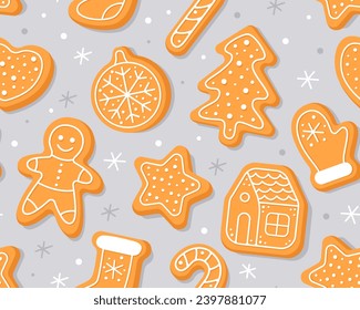 Seamless pattern with Christmas gingerbread cookies on a light gray background. Homemade Christmas cookies with sugar glazed. Pattern for New Year's wrapping paper, cards, decor, fabric. 