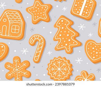 Seamless pattern with Christmas gingerbread cookies on a light gray background. Homemade Christmas cookies with sugar glazed. Pattern for New Year's wrapping paper, cards, decor, fabric. 