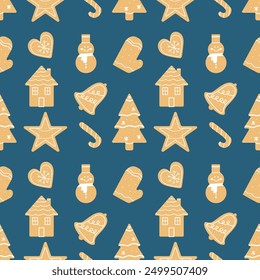 Seamless pattern with Christmas gingerbread cookies. Winter homemade sweets in shape of house, bell, snowman, heart and Christmas tree. Vector pattern on blue background.