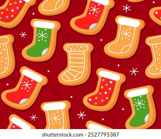 Seamless pattern with Christmas gingerbread cookies on red background. Christmas stocking. Homemade Christmas cookies with sugar glazed. Pattern for New Year's wrapping paper, fabric, card.