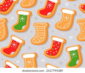 Seamless pattern with Christmas gingerbread cookies on gray background. Christmas stocking. Homemade Christmas cookies with sugar glazed. Pattern for New Year's wrapping paper, fabric, card.