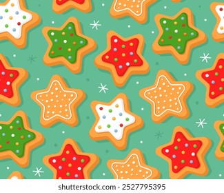 Seamless pattern with Christmas gingerbread cookies in shape of stars, green background. Homemade Christmas cookies with sugar glazed. Pattern for New Year's wrapping paper, cards, decor, fabric.