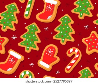 Seamless pattern. Christmas gingerbread cookies in shape of candy, sock, tree, mitten, star. Red background. Christmas cookies with sugar glazed. New year pattern for wrapping paper, fabric, card.