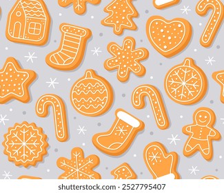Seamless pattern with Christmas gingerbread cookies in different shapes. Light gray background. Christmas cookies with sugar glazed. New year pattern for wrapping paper, fabric, card.