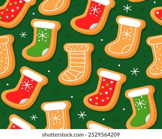 Seamless pattern with Christmas gingerbread cookies on green background. Christmas stocking. Homemade Christmas cookies with sugar glazed. Pattern for New Year's wrapping paper, fabric, card.