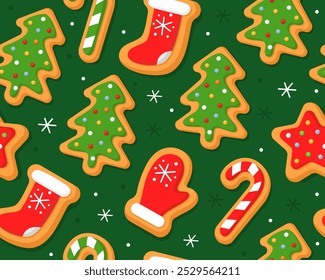 Seamless pattern. Christmas gingerbread cookies in shape of candy, sock, tree, mitten, star. Green background. Christmas cookies with sugar glazed. New year pattern for wrapping paper, fabric, card.