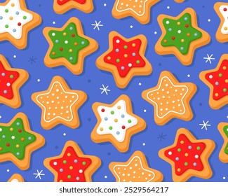 Seamless pattern with Christmas gingerbread cookies in shape of stars, blue background. Homemade Christmas cookies with sugar glazed. Pattern for New Year's wrapping paper, cards, decor, fabric.