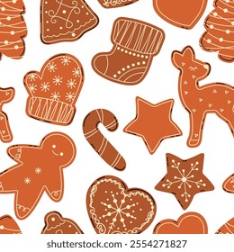 Seamless pattern with Christmas Gingerbread Cookies. Winter sweet homemade biscuits with icing in the shape of a deer, angel, sweet cane and other. Vector holiday illustration