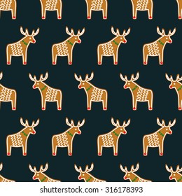 Seamless pattern with Christmas gingerbread cookies - xmas deer. Cute winter holiday vector design xmas background.