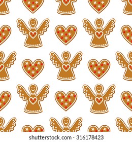 Seamless pattern with Christmas gingerbread cookies - angel and sweet heart. Winter holiday vector design illustration on white background.