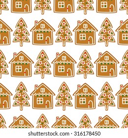 Seamless pattern with Christmas gingerbread cookies - xmas tree and cute house. Winter holiday vector design illustration on white background.