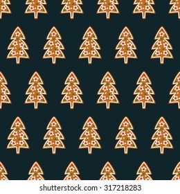 Seamless pattern with Christmas gingerbread cookies - xmas tree. Cute winter holiday vector xmas design background. 