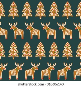 Seamless pattern with Christmas gingerbread cookies - Xmas tree and deer. Winter holiday vector design illustration background.