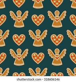 Seamless pattern with Christmas gingerbread cookies - angels and sweet hearts. Winter holiday vector design illustration on dark background.
