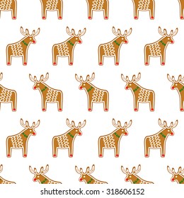 Seamless pattern with Christmas gingerbread cookies - Xmas deer. Cute winter holiday vector Xmas design on white background.