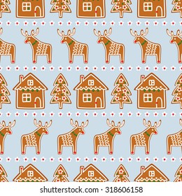 Seamless pattern with Christmas gingerbread cookies - Xmas tree, star, deer, house. Winter holiday vector Xmas design on blue background.