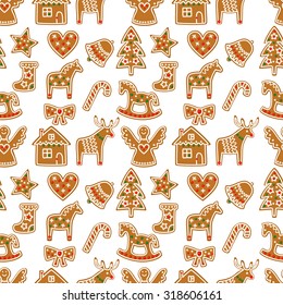 Seamless pattern with Christmas gingerbread cookies - Xmas tree, candy cane, angel, bell, sock, gingerbread men, star, heart, deer, rocking horse.Winter holiday vector Xmas design on white background.