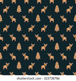 Seamless pattern with Christmas gingerbread cookies - Xmas tree and deer. Winter holiday vector background. Seamless pattern for wallpapers, pattern fills, web backgrounds, surface textures, textile.