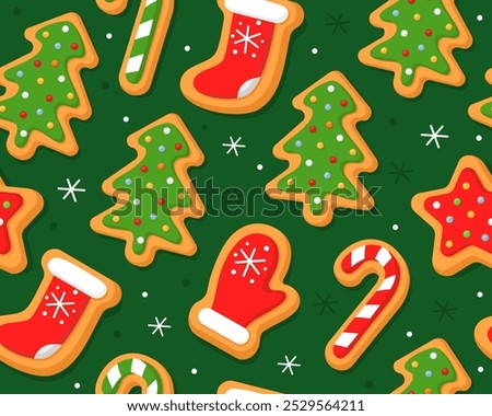 Seamless pattern. Christmas gingerbread cookies in shape of candy, sock, tree, mitten, star. Green background. Christmas cookies with sugar glazed. New year pattern for wrapping paper, fabric, card.
