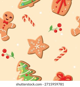 Seamless pattern with Christmas gingerbread decorated man, gift, christmas tree. 