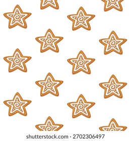 Patrón sin fisuras de Navidades de pan de jengibre en forma de estrella con una guinda sobre fondo blanco
