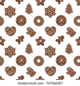 Seamless pattern with Christmas gingerbread, ginger biscuits. New Year background.