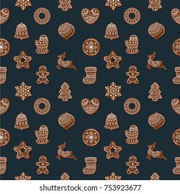 Seamless pattern with Christmas gingerbread, ginger biscuits. New Year background.