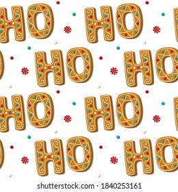 Seamless pattern with Christmas gingerbread HO phrase. Homemade sweets. Vector illustration