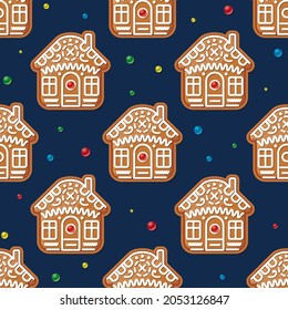 Seamless Pattern with Christmas Gingerbread House on Blue. Vector Illustration. Traditional Christmas Cookie.