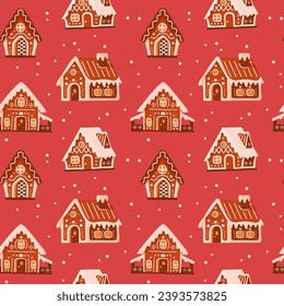 Seamless pattern of Christmas gingerbread house cookies with snow on red background.