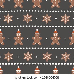 Seamless pattern with Christmas gingerbread man and snowflakes.