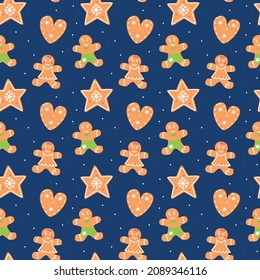Nahtloses Muster mit Lebkuchen. Lebkuchenmann und Lebkuchenmädchen, Herz, Stern