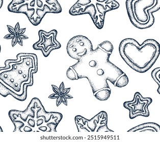 Seamless pattern Christmas gingerbread man, star, heart shape, cookie hand drawn Isolated vector illustration. Gingerbread sketch for menu, holiday poster, new year invitation. Engraving style