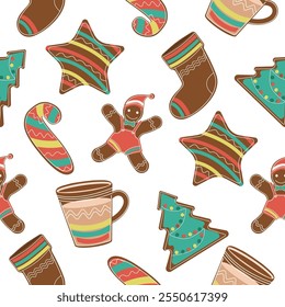 Seamless pattern of Christmas gingerbread gingerbread man,fir tree,sock,lollipop,coffee cup,star on a white background.Vector pattern for New Year's designs,backgrounds,textiles,wrappers.
