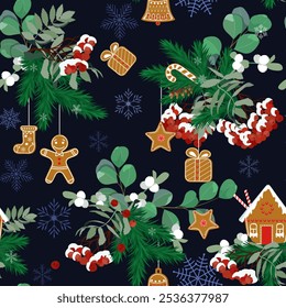Seamless pattern with Christmas gingerbread, spruce and rowan in vintage style on dark background. For decoration textile, packaging, culinary packaging. Vector illustration.