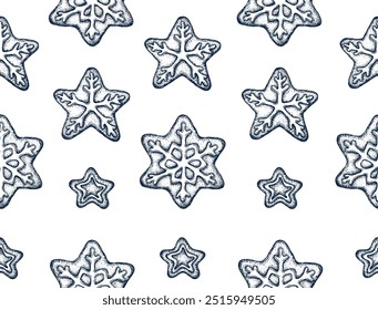 Seamless pattern Christmas gingerbread star shape, cookie hand drawn Isolated vector illustration. Gingerbread sketch for menu, holiday poster, new year invitation. Engraving style pattern